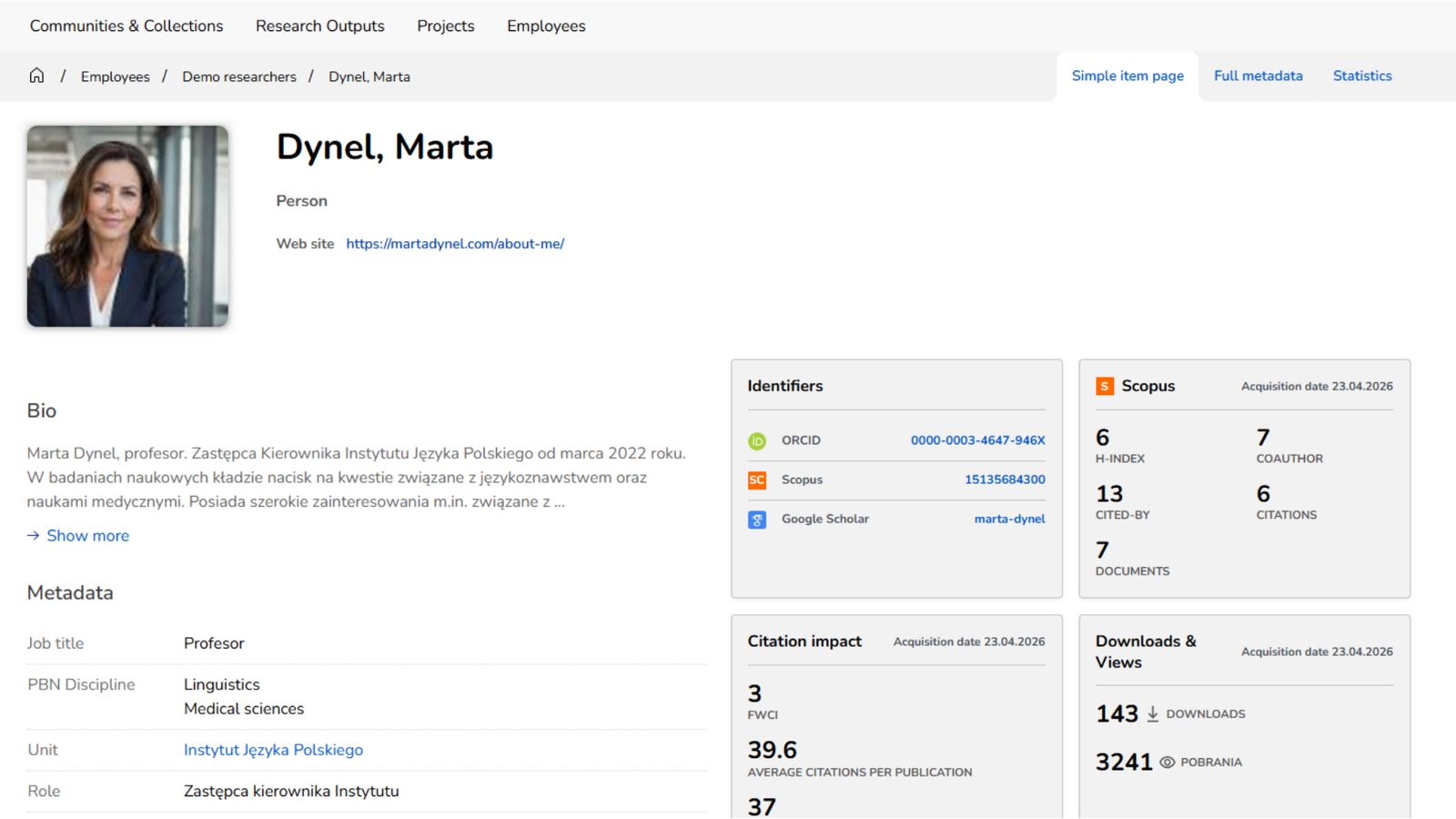 Researcher profile page in DSpace One showing bio, identifiers and citation metrics